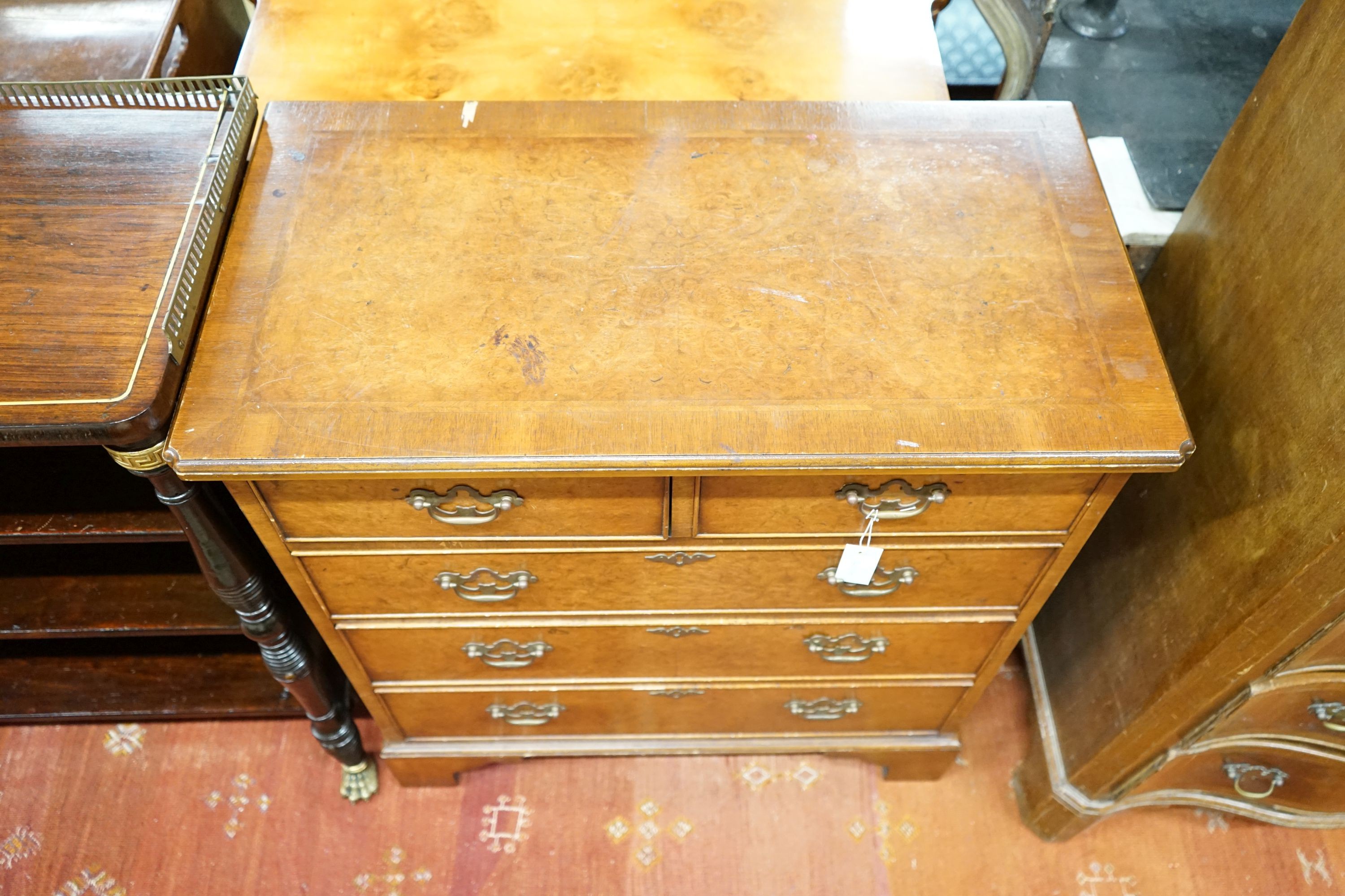 A reproduction 18th century style banded walnut chest, width 75cm, depth 40cm, height 82cm